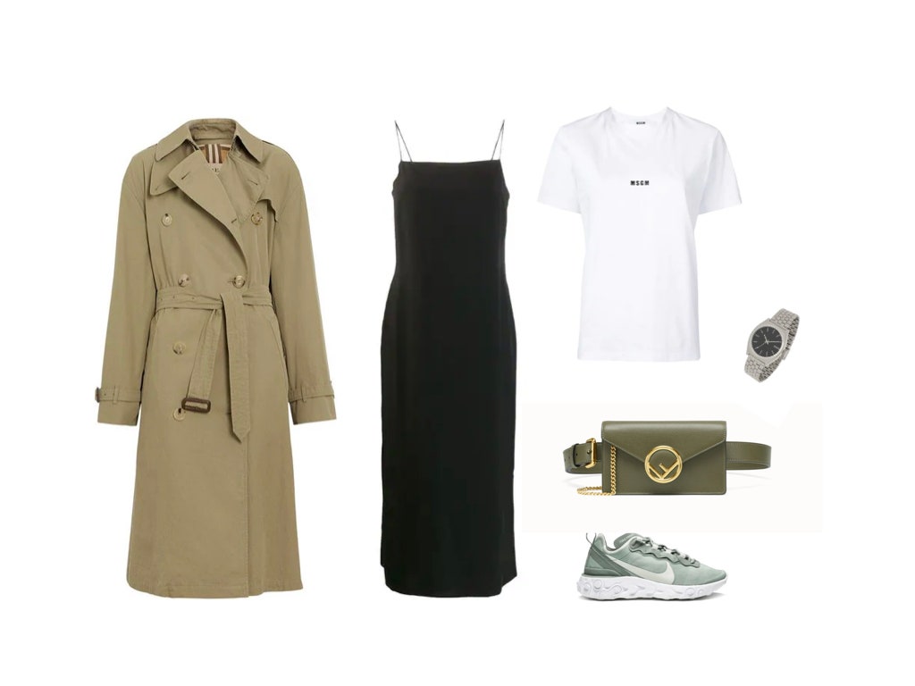 Платье Nehera тренч Burberry футболка MSGM сумка Fendi кроссовки Nike часы Nixon.