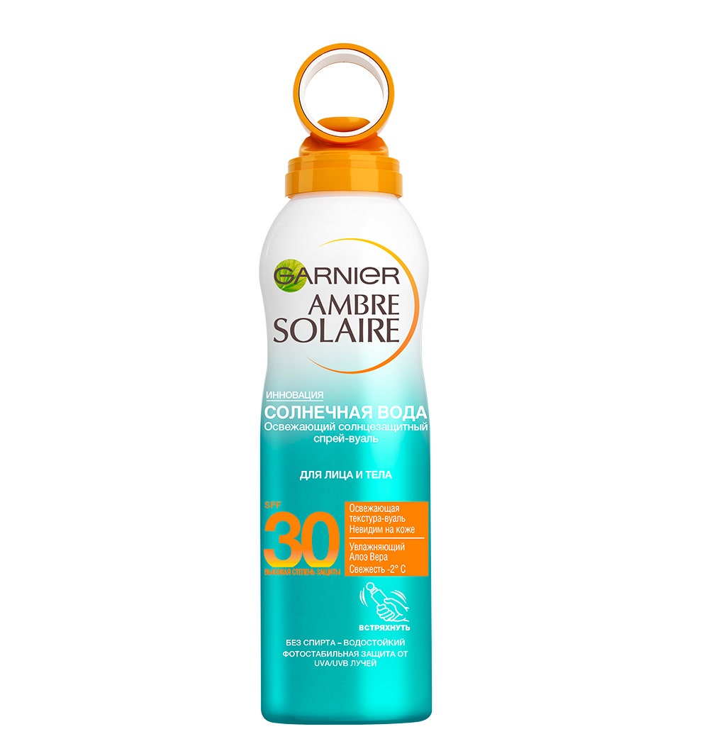 Прозрачный солнцезащитный спрей для лица и тела SPF 50 «Солнечная вода» Garnier.