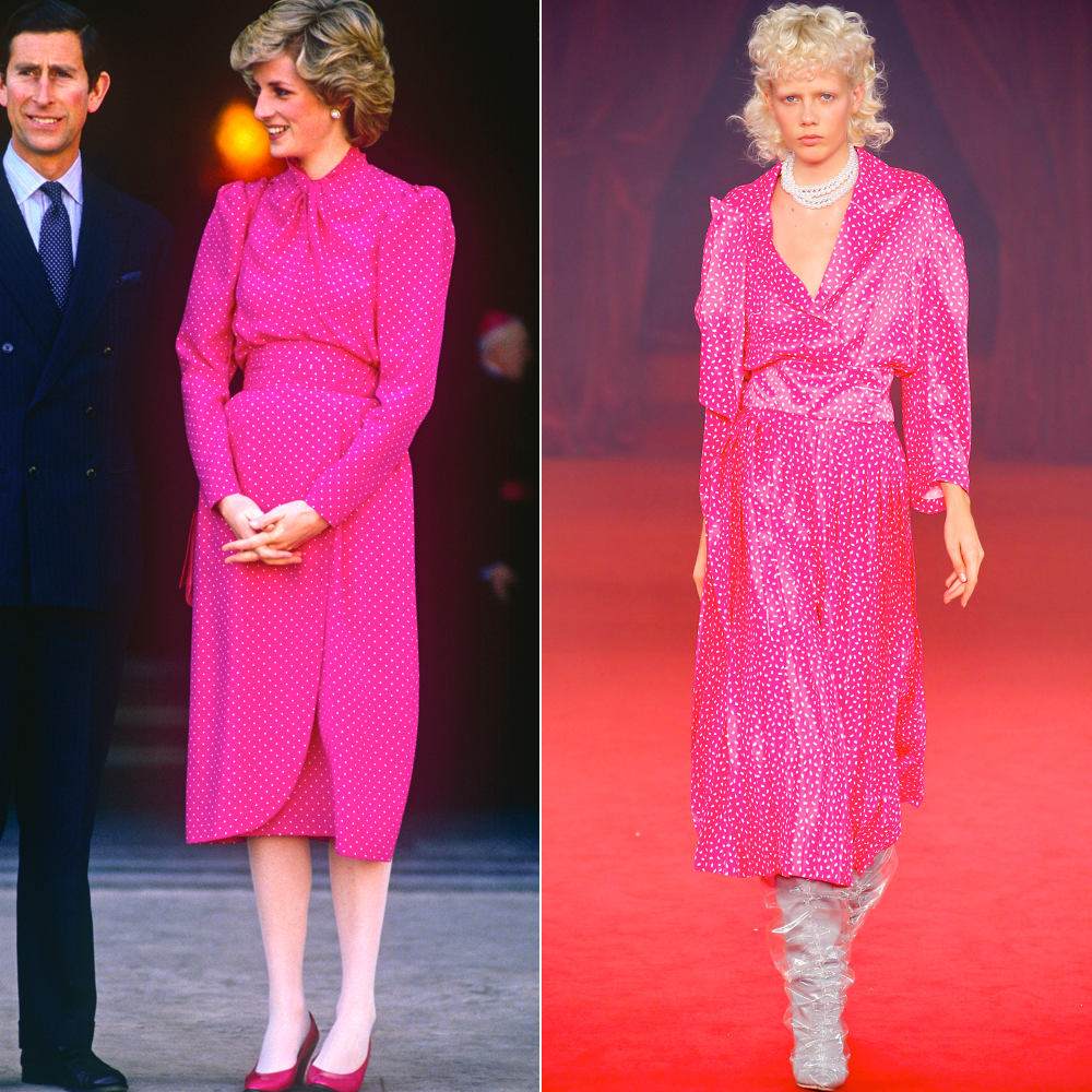 Слева принц Чарльз и принцесса Диана 1985. Справа показ OffWhite.