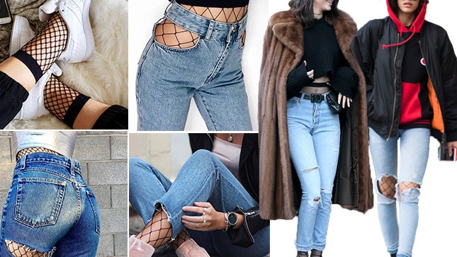 Колготки в крупную сетку с рваными джинсами модный тренд на фото из инстаграма | Glamour