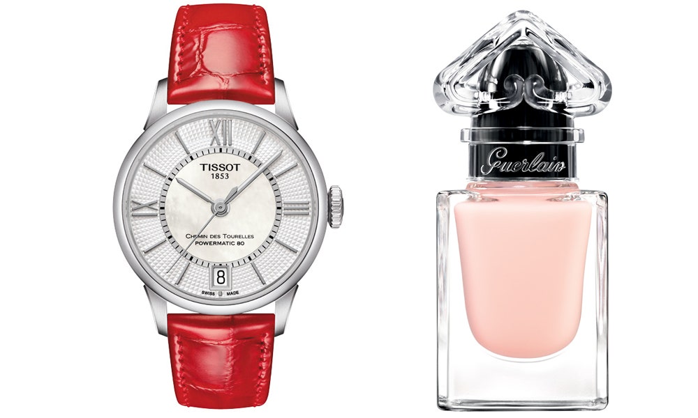 Часы Tissot Chemin des Tourelles лак для ногтей Guerlain оттенок Pink Ballerinas.