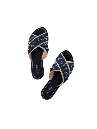 Шлепанцы из денима с декором из стразов 7990 руб. J.Crew.