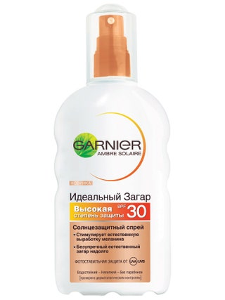 Garnier спрей Ambre Solaire SPF 30 430 руб. Тестировался  на Бали 28 °C. Средство так быстро впитывается что...