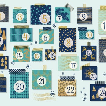 Modern Christmas Advent Calendar With Gold Highlights. Each frame has its own holiday background pattern and has a piece...
