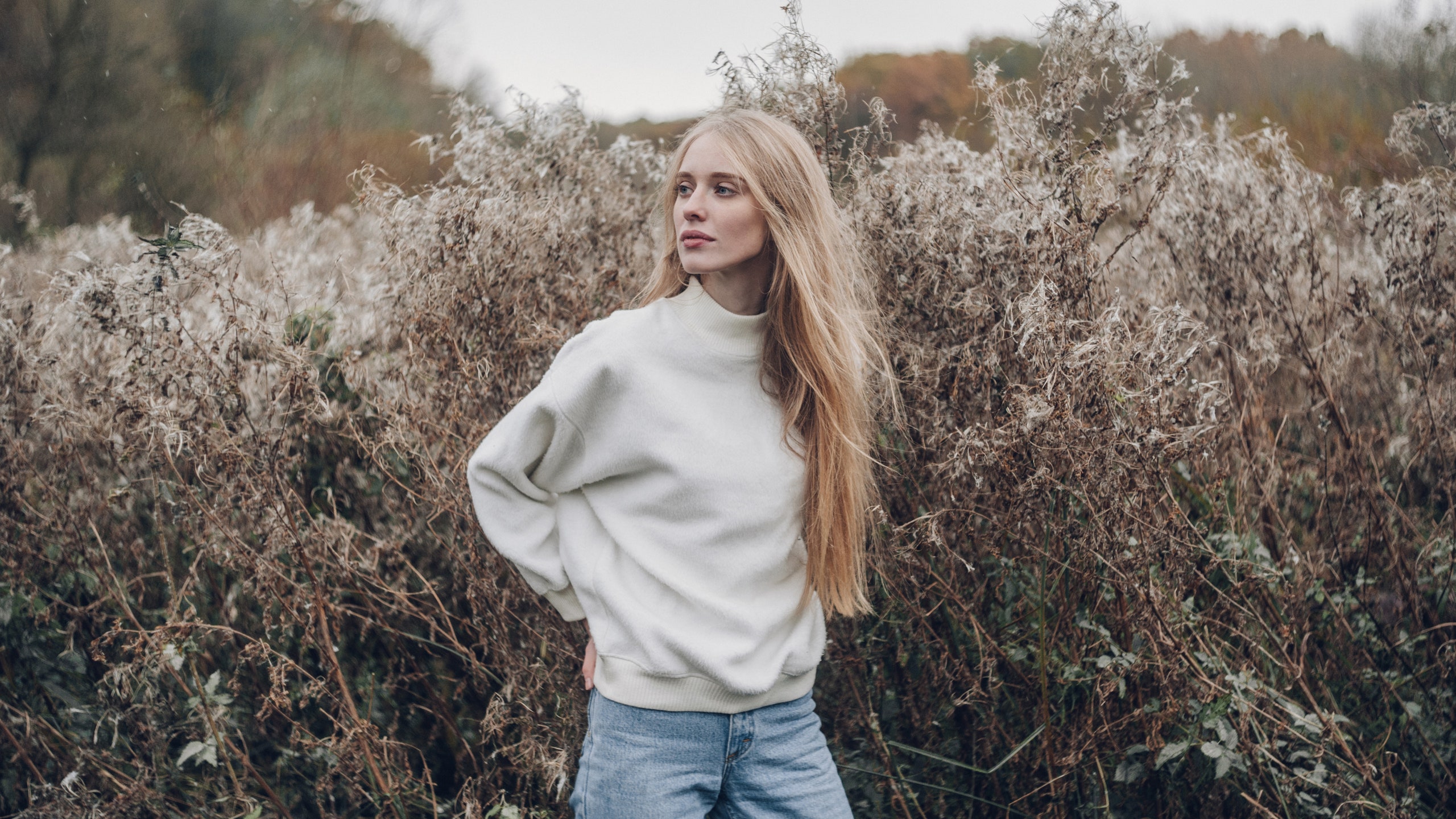 Девушка в свитере в поле