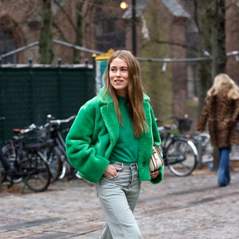 COPENHAGEN DENMARK  FEBRUARY 01 Influencer Annabel Rosendahl wearing a green faux fur teddy jacket by Onar a green...