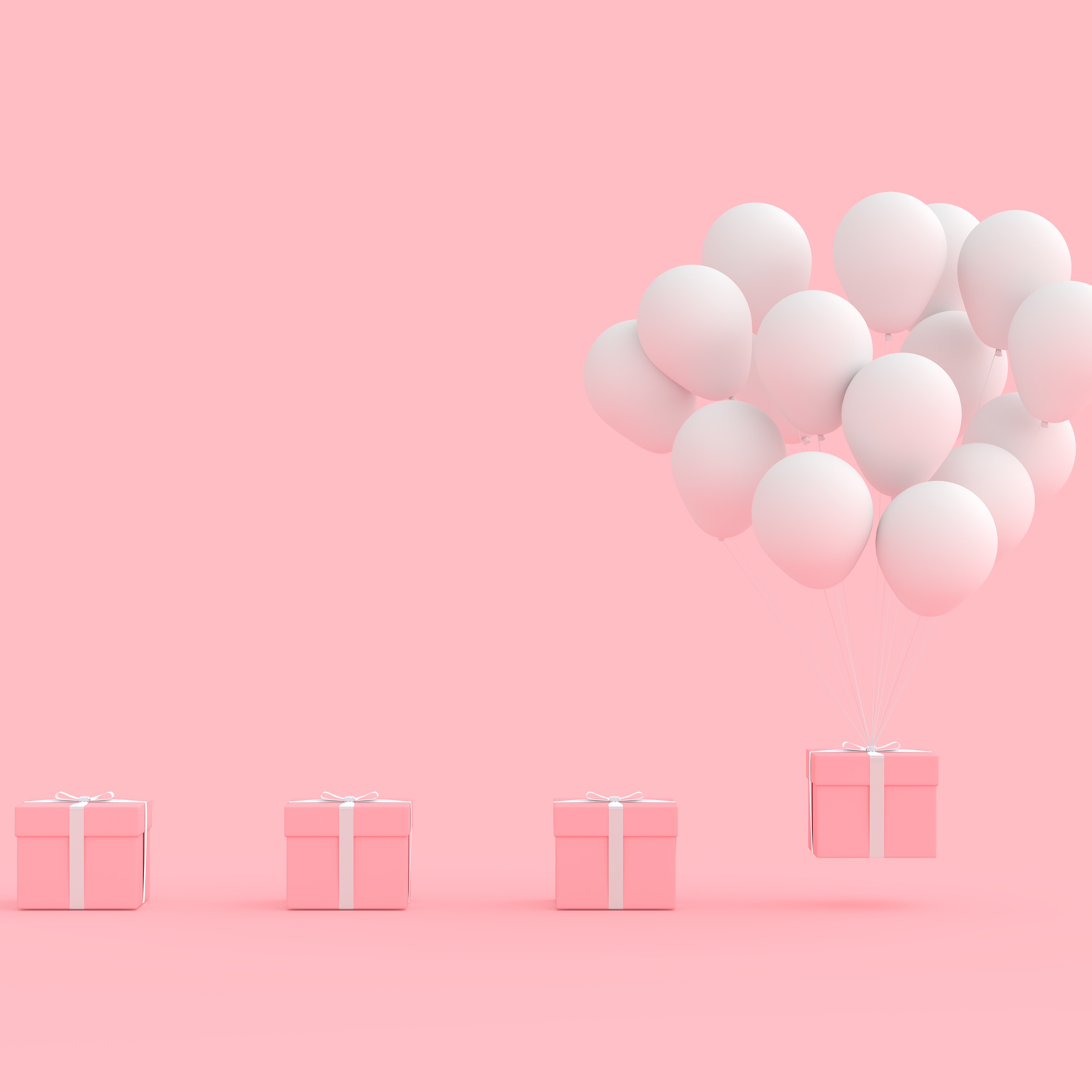 Pink gift box with balloon white color on pink background and clipping path. minimal and new year concept 3D Render.